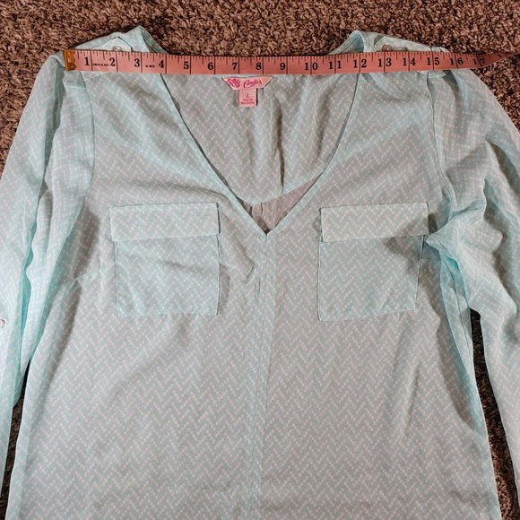 Candie's Sheer Chiffon Long Sleeve Blouse Roll Tab Sleeves Women's Size Large - Picture 6 of 12